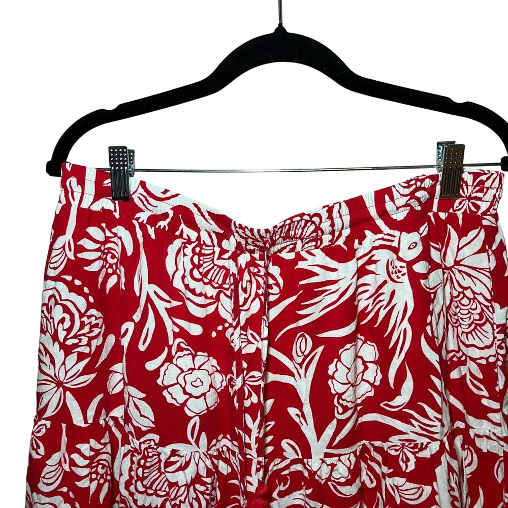 Knox Rose Mini Skirt Womens L Red White Floral Bird Tiered Boho Tassel Breezy